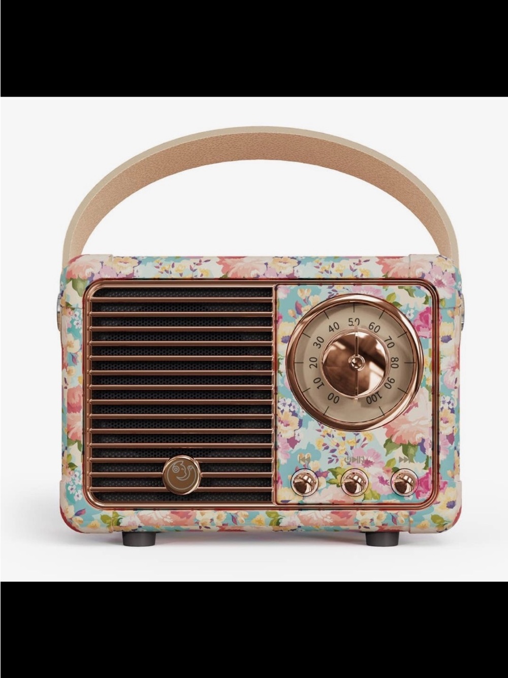 Retro Floral Bluetooth Speaker with Rose Gold Accents in Pink and Pastel